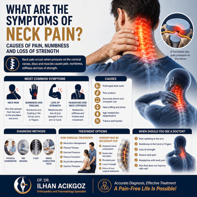 Medical infographic explaining cervical disc herniation symptoms, arm pain, numbness, tingling, weakness and treatment options by Dr. Ilhan Acikgoz.
