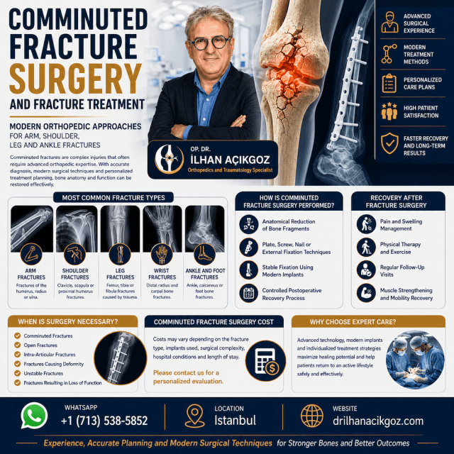 Medical infographic explaining comminuted fracture surgery, fracture treatment methods, recovery process and common fracture types by Dr. Ilhan Acikgoz.