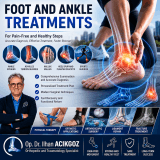 Op. Dr. Ilhan ACIKGOZ explaining foot and ankle treatments including ankle sprains, Achilles tendon injuries, hallux valgus, plantar fasciitis and sports injuries.