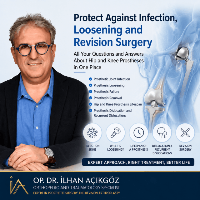Op. Dr. Ilhan ACIKGOZ explaining prosthetic joint infection, prosthesis loosening, hip and knee replacement revision surgery and prosthesis lifespan.
