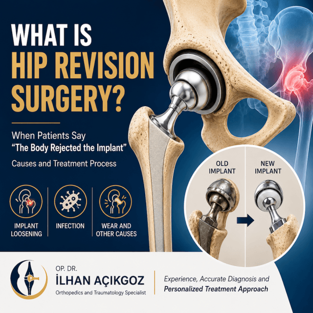 Hip revision surgery illustration showing replacement of a failed hip implant with a new prosthesis by Orthopedics Specialist Dr. Ilhan Acikgoz.