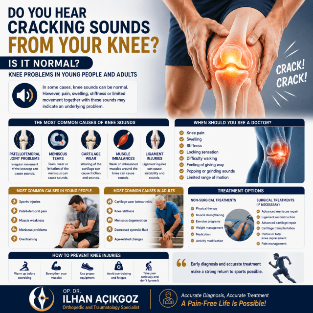 Medical infographic explaining knee cracking sounds, knee crepitus, meniscus tears, cartilage wear, ligament injuries and treatment options by Op. Dr. Ilhan ACIKGOZ.