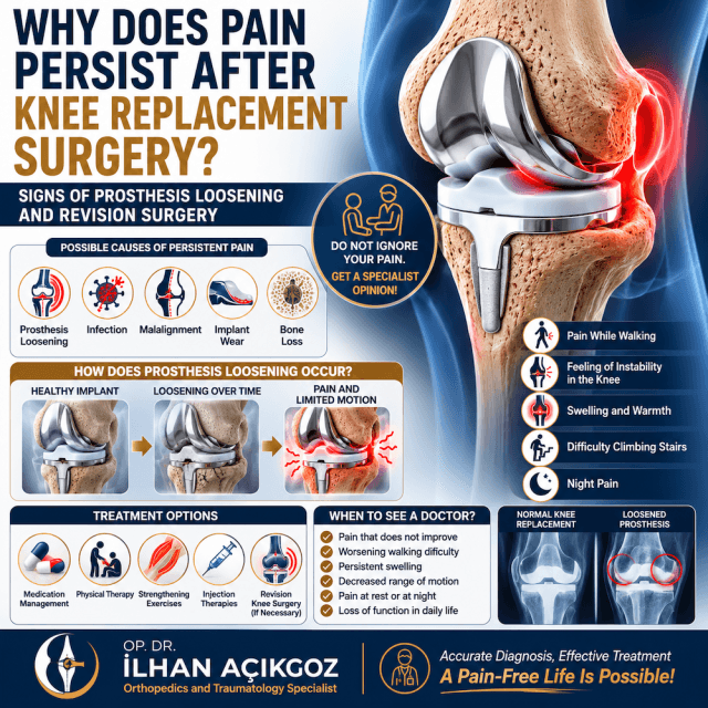 Medical infographic explaining persistent pain after knee replacement surgery, prosthesis loosening, revision surgery signs and treatment options by Dr. Ilhan Acikgoz.