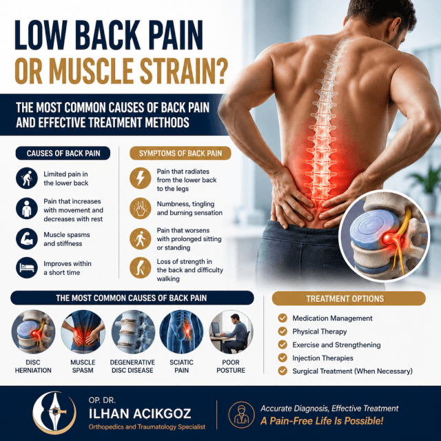 Medical infographic comparing low back pain caused by muscle strain and lumbar disc herniation, including symptoms, common causes and treatment options by Dr. Ilhan Acikgoz.