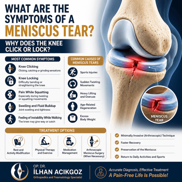 Medical infographic showing meniscus tear symptoms, causes of knee clicking and locking, and treatment options explained by Dr. Ilhan Acikgoz.
