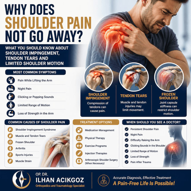 Medical infographic explaining shoulder pain causes, symptoms, tendon tears, shoulder impingement syndrome, frozen shoulder and treatment options by Dr. Ilhan Acikgoz.
