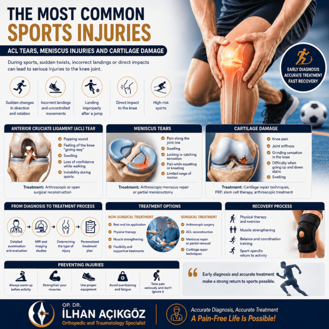 Medical infographic explaining ACL tears, meniscus injuries, cartilage damage, diagnosis, treatment options and rehabilitation by Op. Dr. Ilhan ACIKGOZ.