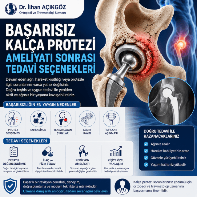 Başarısız kalça protezi ameliyatı sonrası tedavi seçenekleri, protez gevşemesi, enfeksiyon ve revizyon ameliyatını gösteren tıbbi görsel