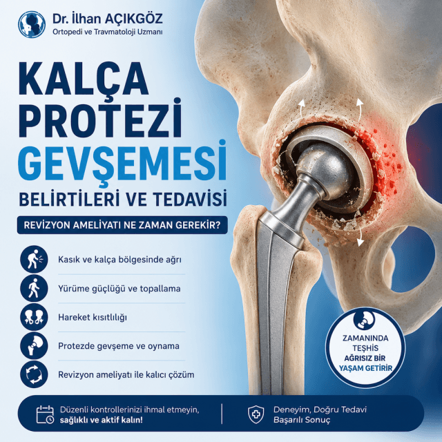 Kalça protezi gevşemesi belirtileri, kalça ağrısı, yürüme güçlüğü ve revizyon ameliyatını gösteren tıbbi görsel