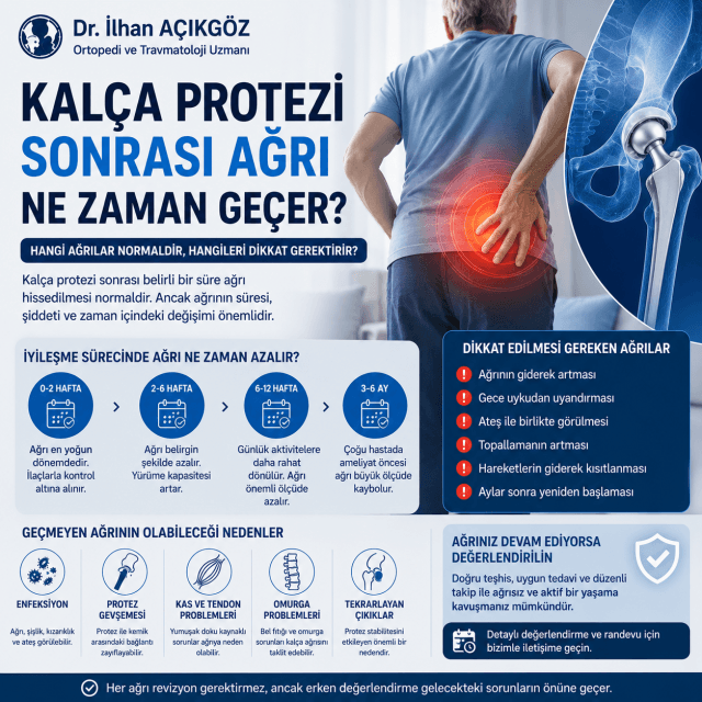Kalça protezi sonrası ağrı ne zaman geçer, kasık ağrısı ve geçmeyen ağrı nedenlerini gösteren ortopedik görsel