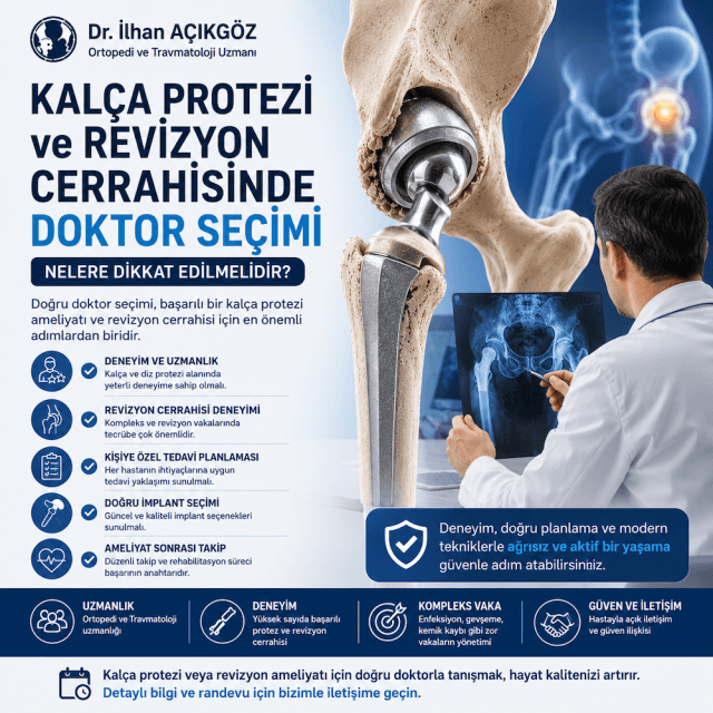 Kalça protezi ve revizyon cerrahisinde doktor seçiminin önemini anlatan ortopedi uzmanı ve kalça protezi görseli