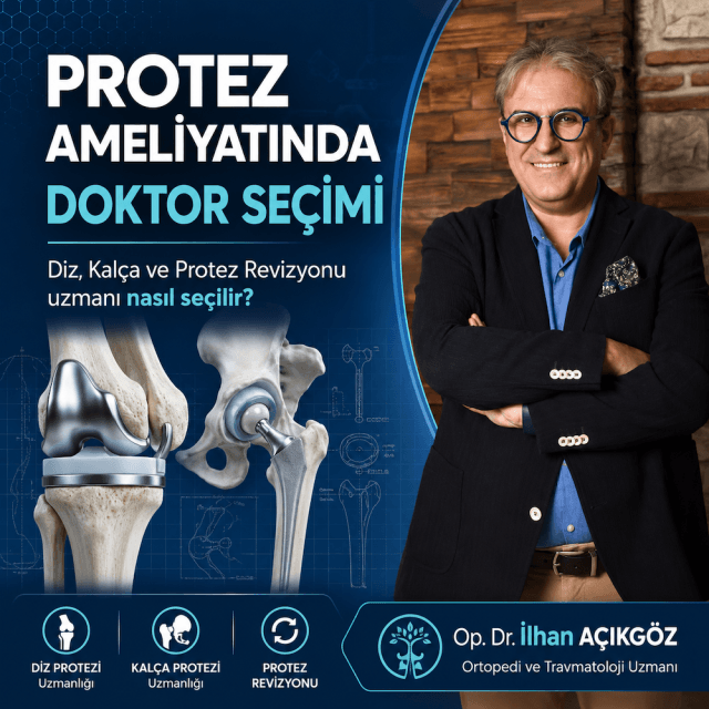 Protez ameliyatında doktor seçimi hakkında bilgilendirici görsel, diz protezi, kalça protezi ve protez revizyonu uzmanı Op. Dr. İlhan AÇIKGÖZ