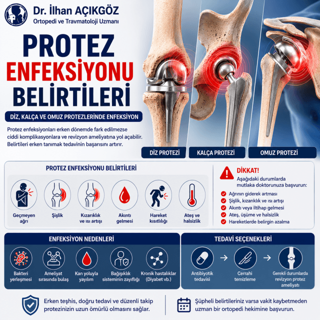 Diz, kalça ve omuz protezlerinde görülen protez enfeksiyonu belirtilerini gösteren ortopedik görsel