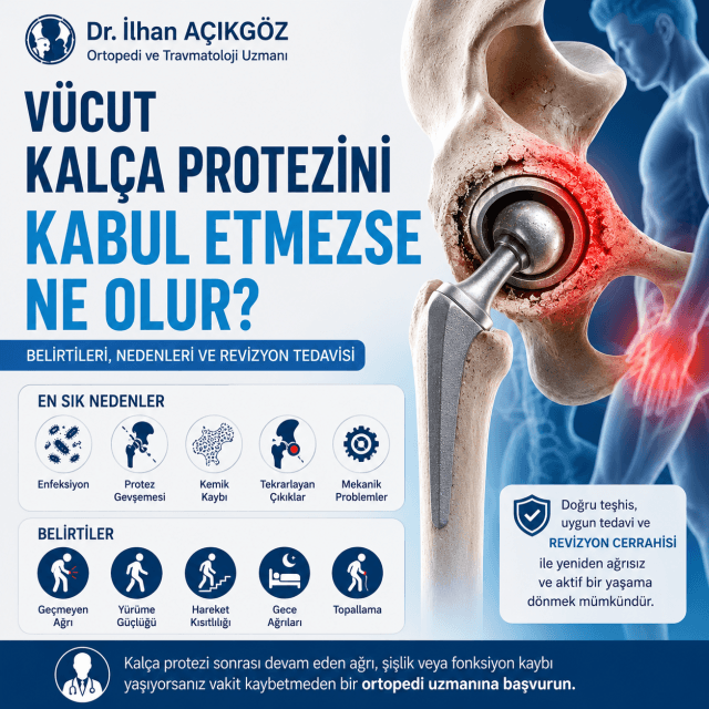 Vücut kalça protezini kabul etmezse ortaya çıkabilecek enfeksiyon, protez gevşemesi ve revizyon ameliyatı süreçlerini gösteren görsel